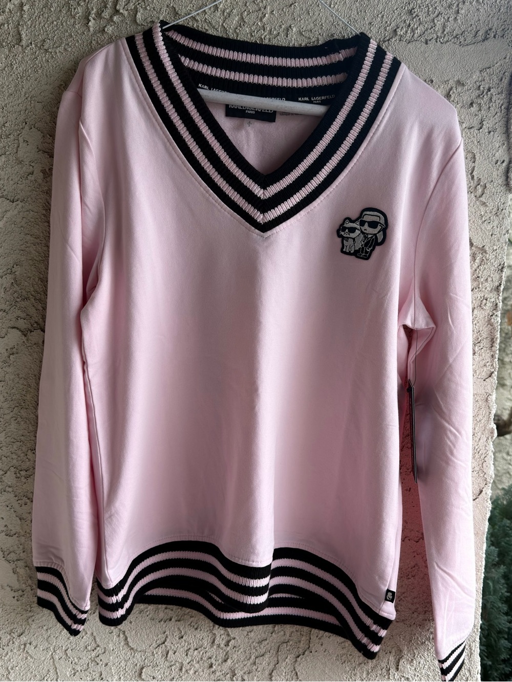 Karl Lagerfeld Light Pink V-Neck Sweater with Navy Trim